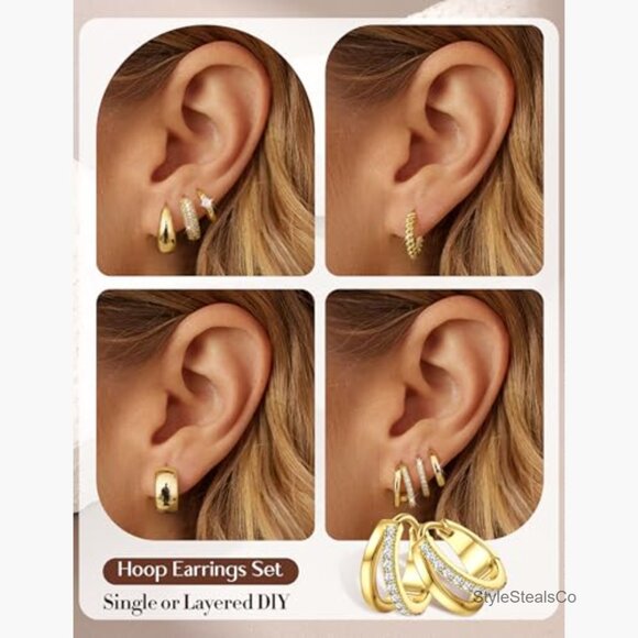 Small Chunky Gold Hoop Earrings Set 8 Pairs Hypoallergenic 14K Gold Filled - Picture 4 of 7